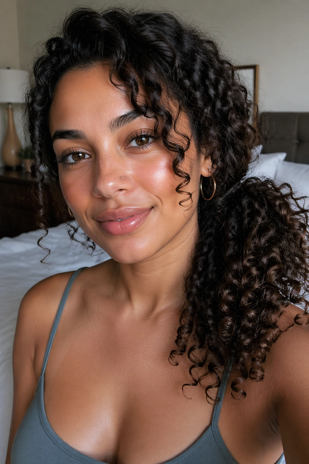 Close-up of a real woman with a second-day curly side ponytail