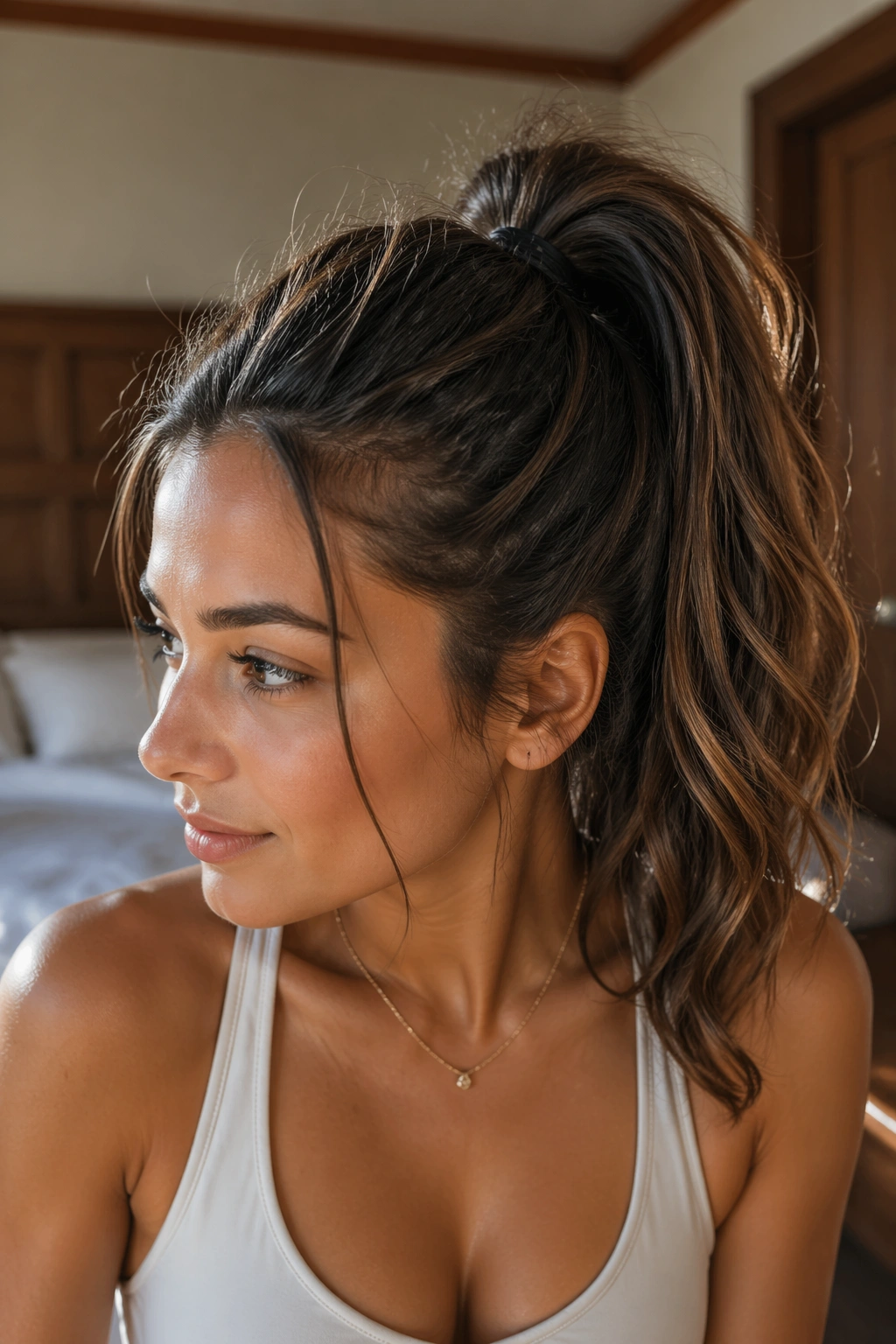 Close-up of a real woman with a textured second-day high ponytail in warm bedroom light
