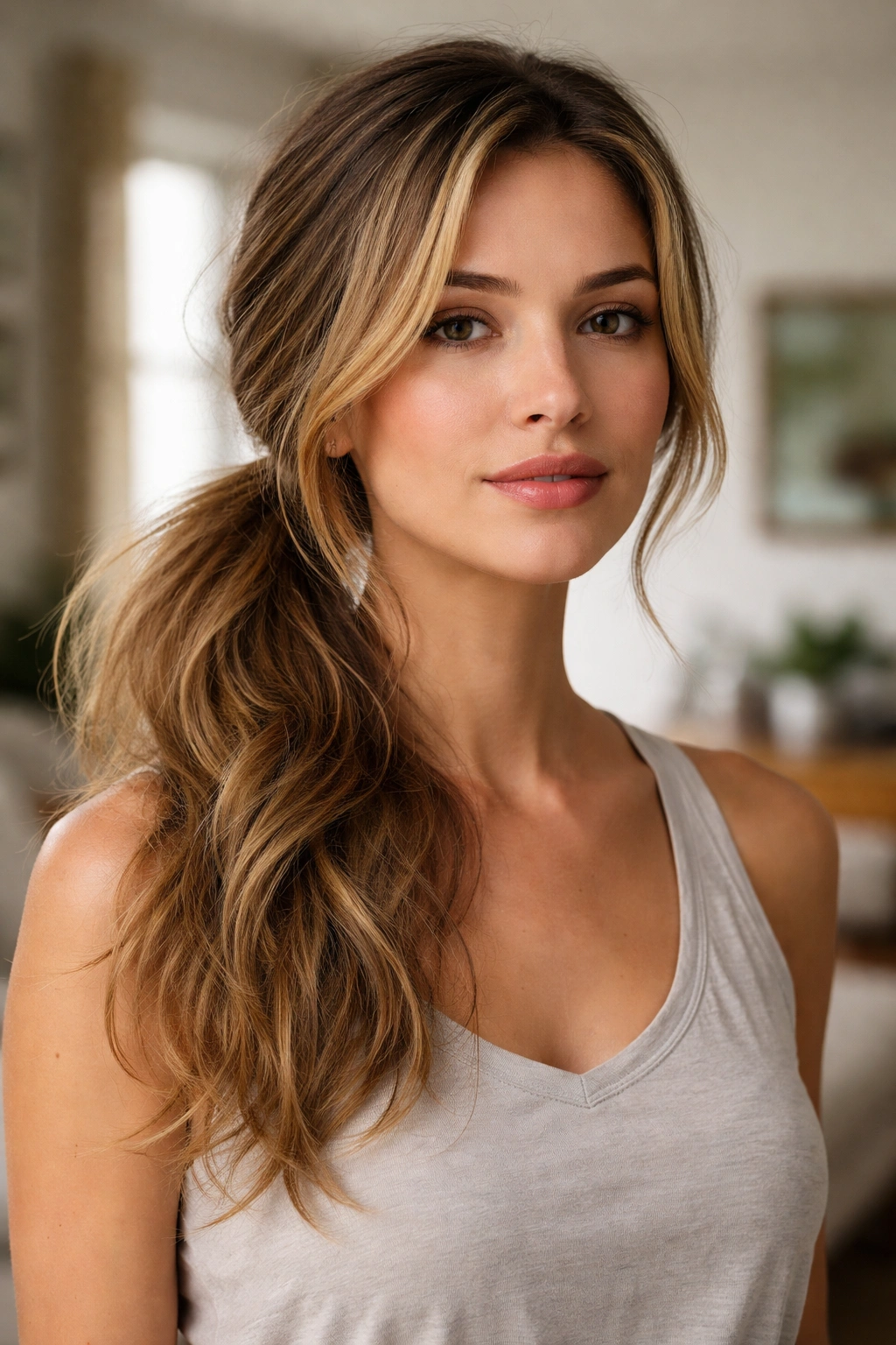 Textured second-day side ponytail with natural bends and light shine