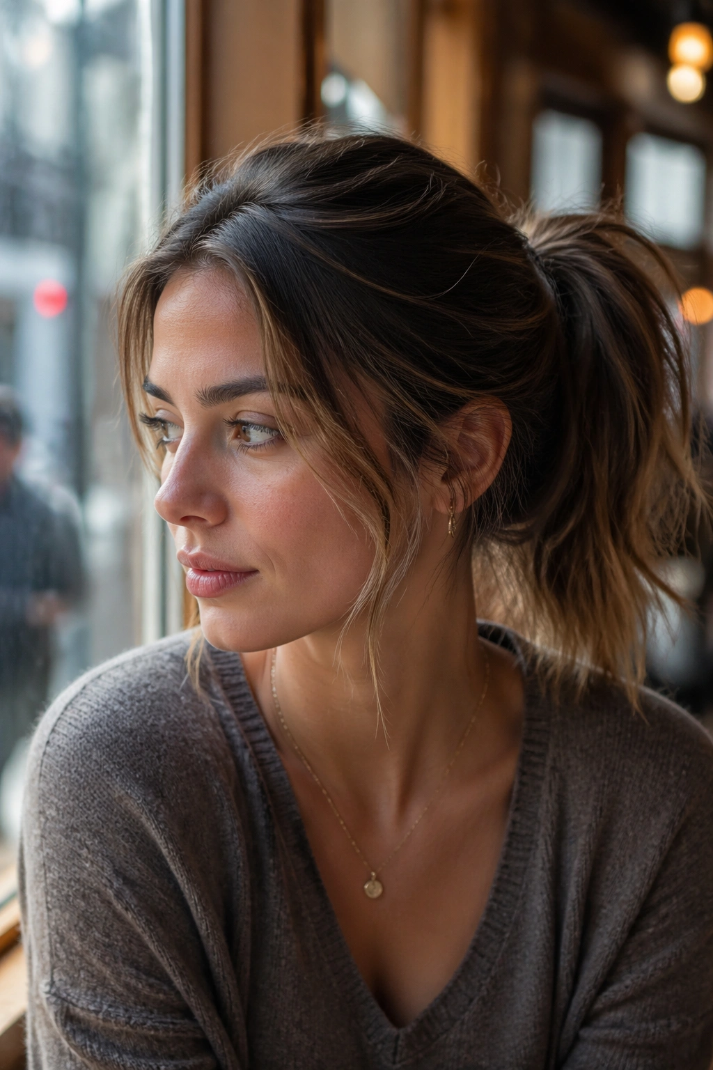 Close-up of a real woman with second-day textured mid ponytail.