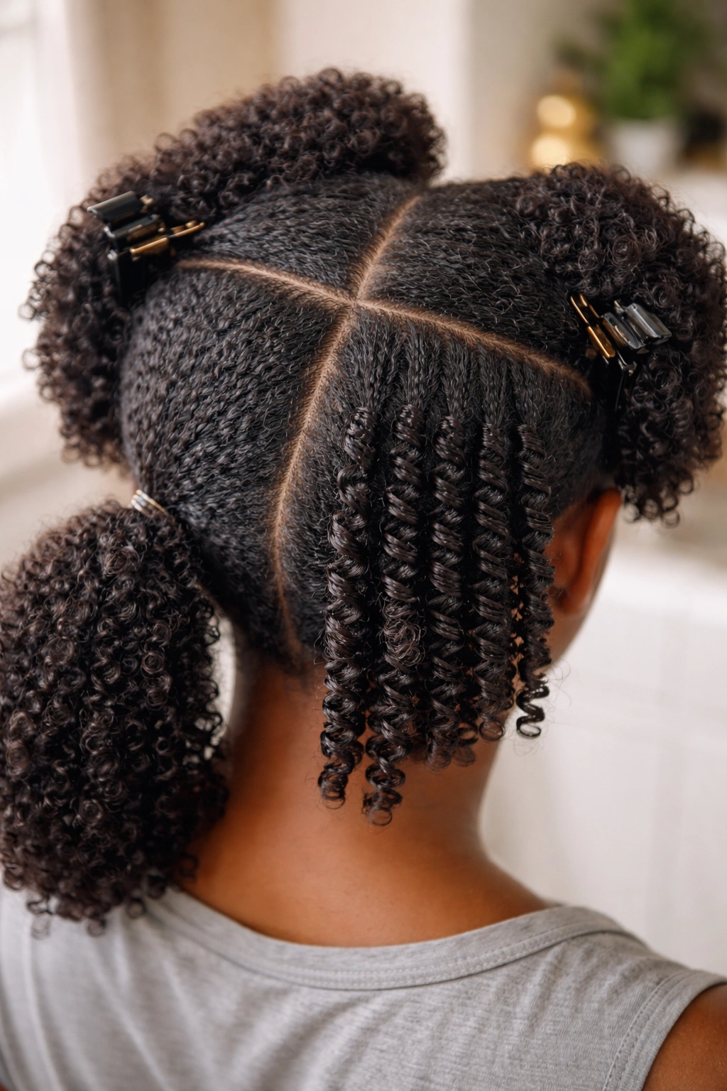 Close-up of a real person's scalp showing four clean sections for finger curling