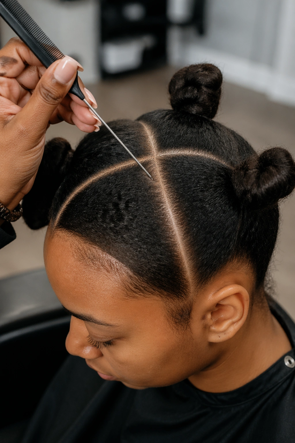 Scalp with four clean partitions created by a rat-tail comb