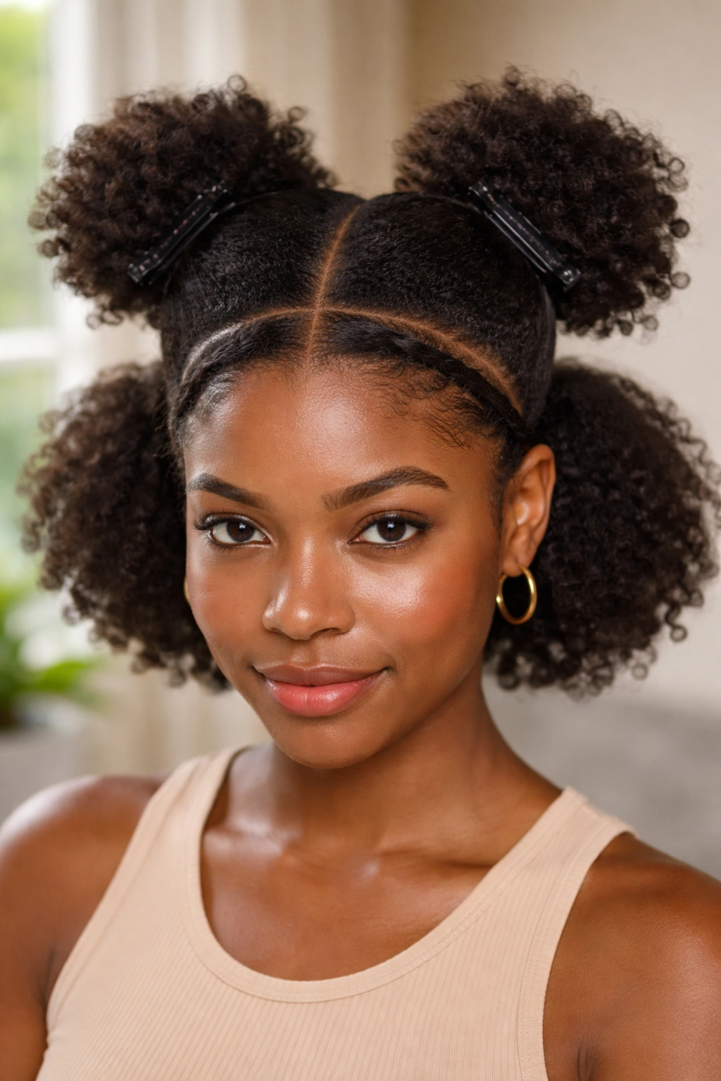 Real person with four clearly defined hair sections showing sectioning technique