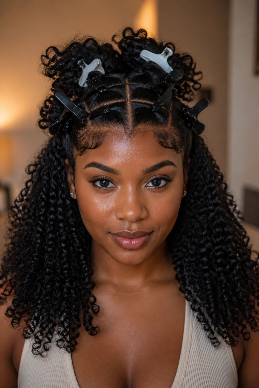 Close-up of hair showing sections clipped for different half up looks.