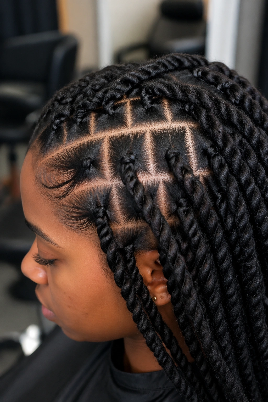 Close-up showing square scalp sections for twists on a real person