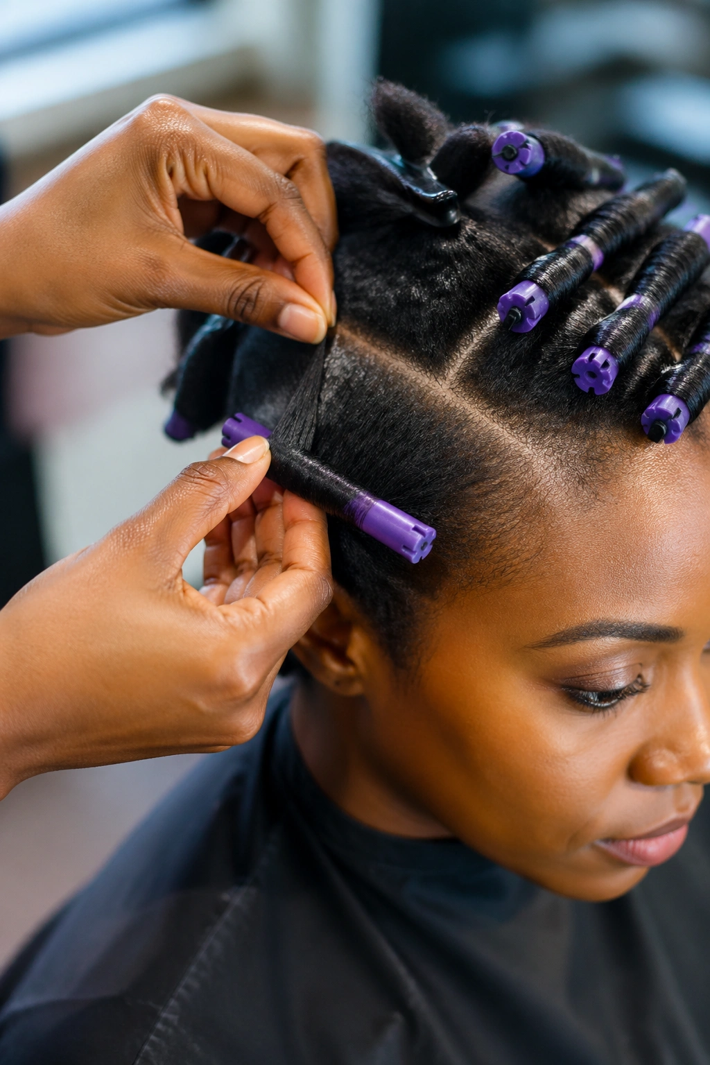 Close-up of hands sectioning and wrapping hair around rods on a real person