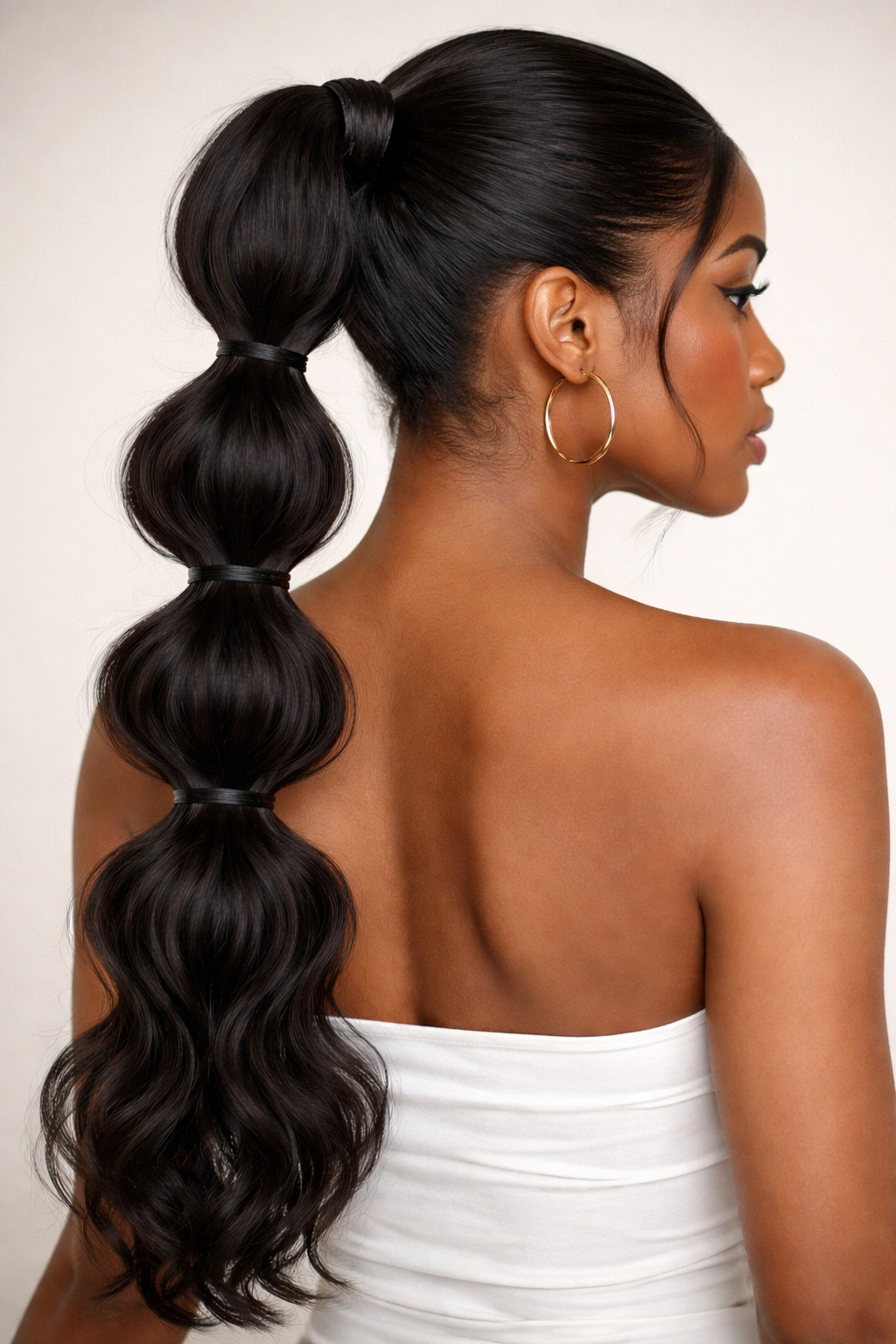 Long wavy ponytail with clearly defined elastic segments creating a rope-like rhythm.