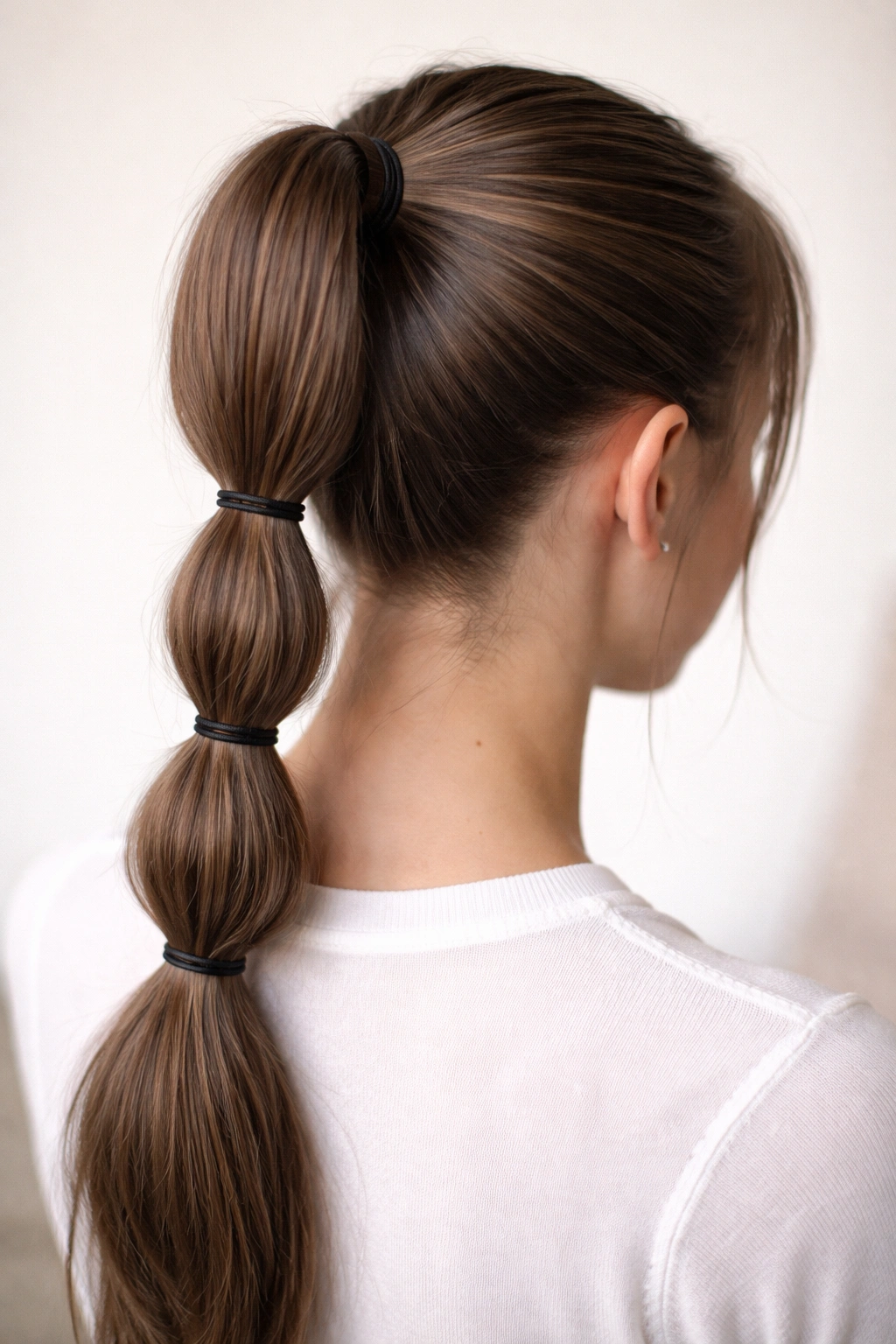 High ponytail with multiple elastics creating segmented sections.
