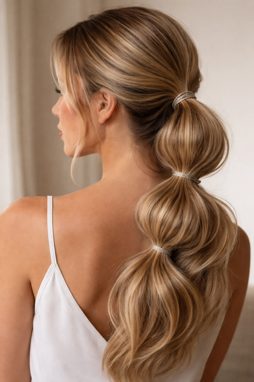 Side ponytail with multiple elastics creating segments
