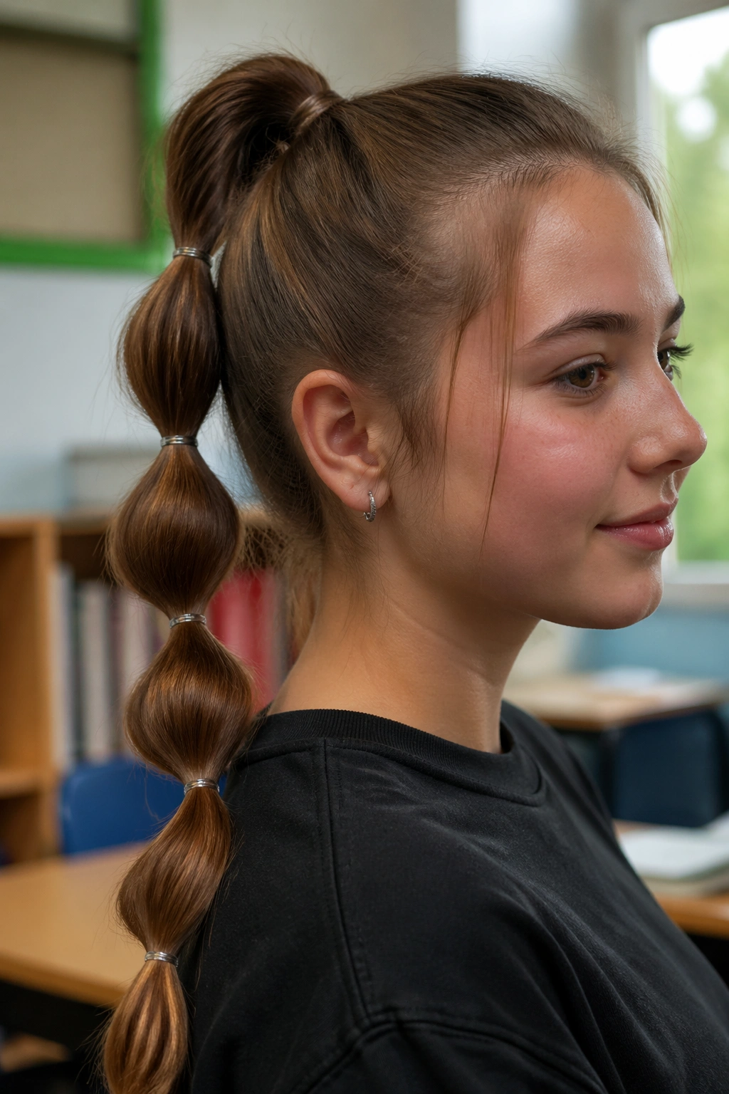 Close-up of a real person with a segmented high ponytail showing tiny elastics