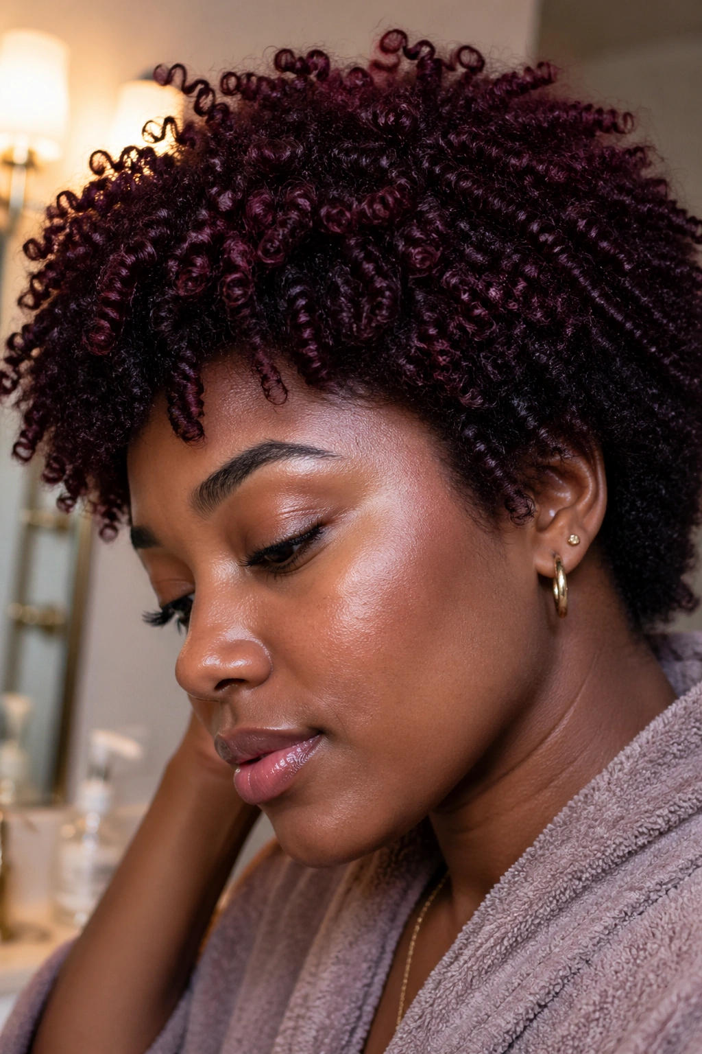 Close-up of dark natural hair with subtle burgundy direct dye on curls in warm lighting