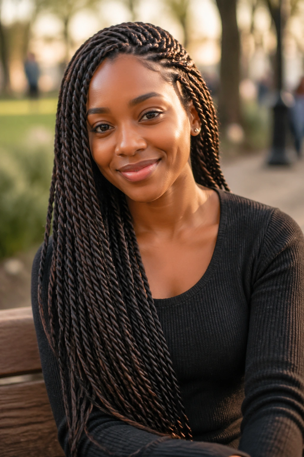 Close-up portrait of a real woman with Senegalese twist pondo in a sunlit park