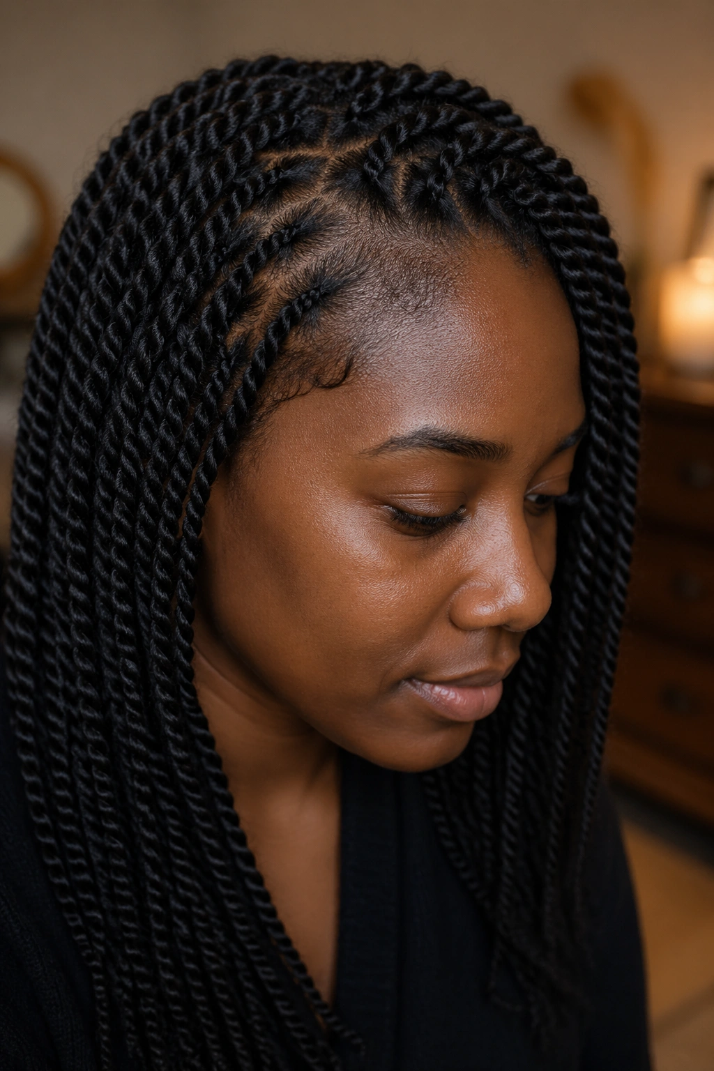 Close-up of a head with Senegalese twists