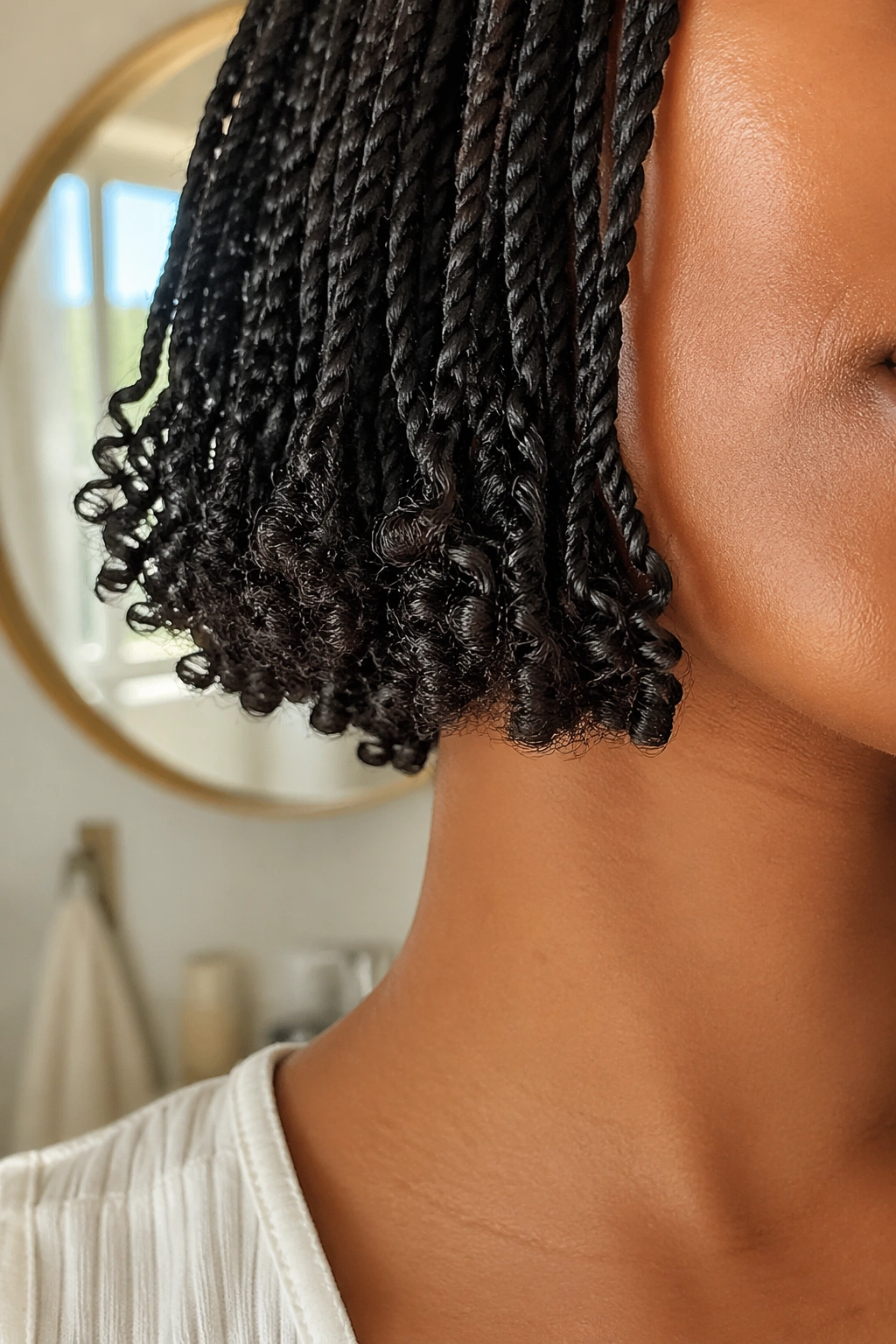 Close-up of chin-length Senegalese twists with curled ends