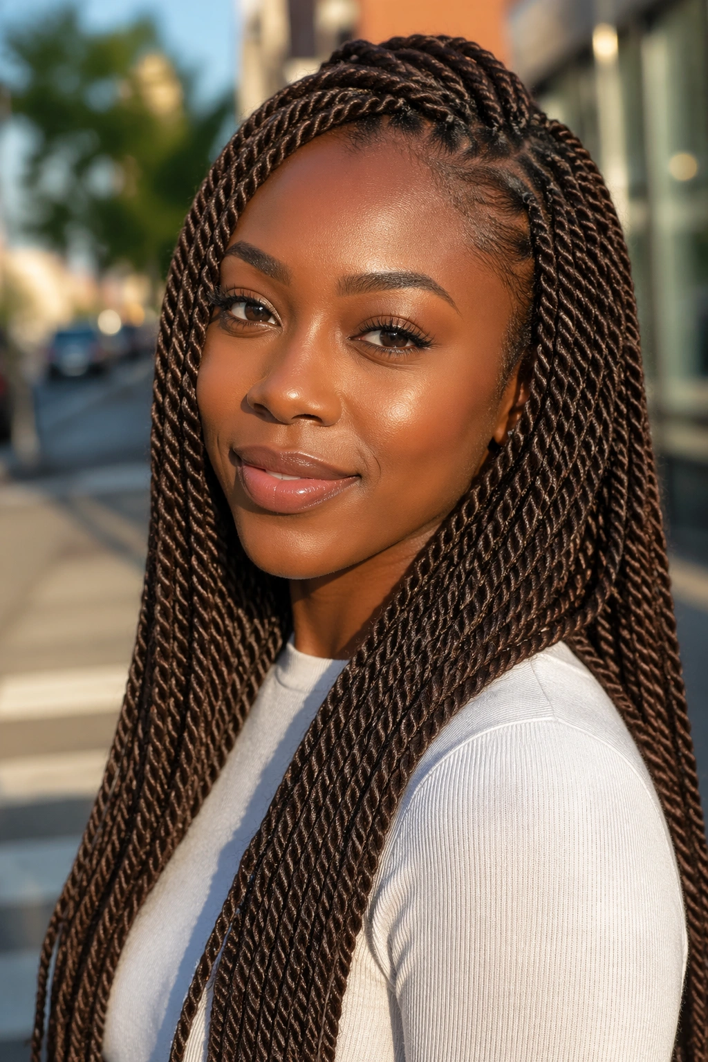 Close-up of a woman with chocolate brown Senegalese twists in urban afternoon light