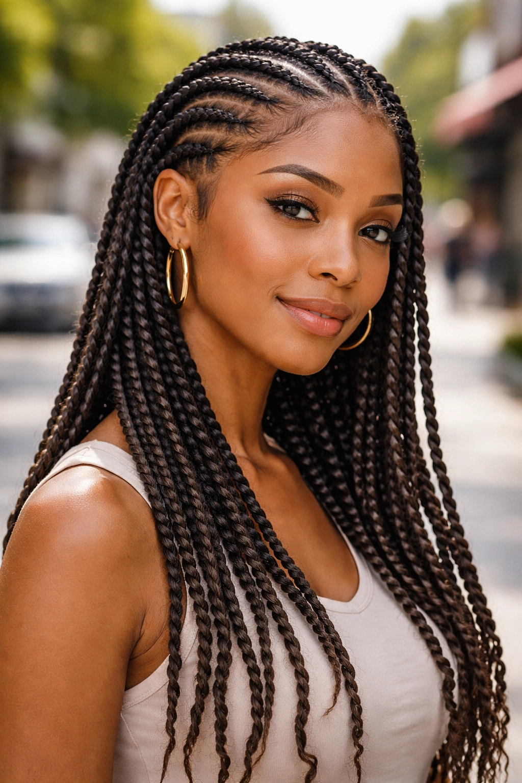 Real woman with cornrows transitioning into Senegalese twists under daylight
