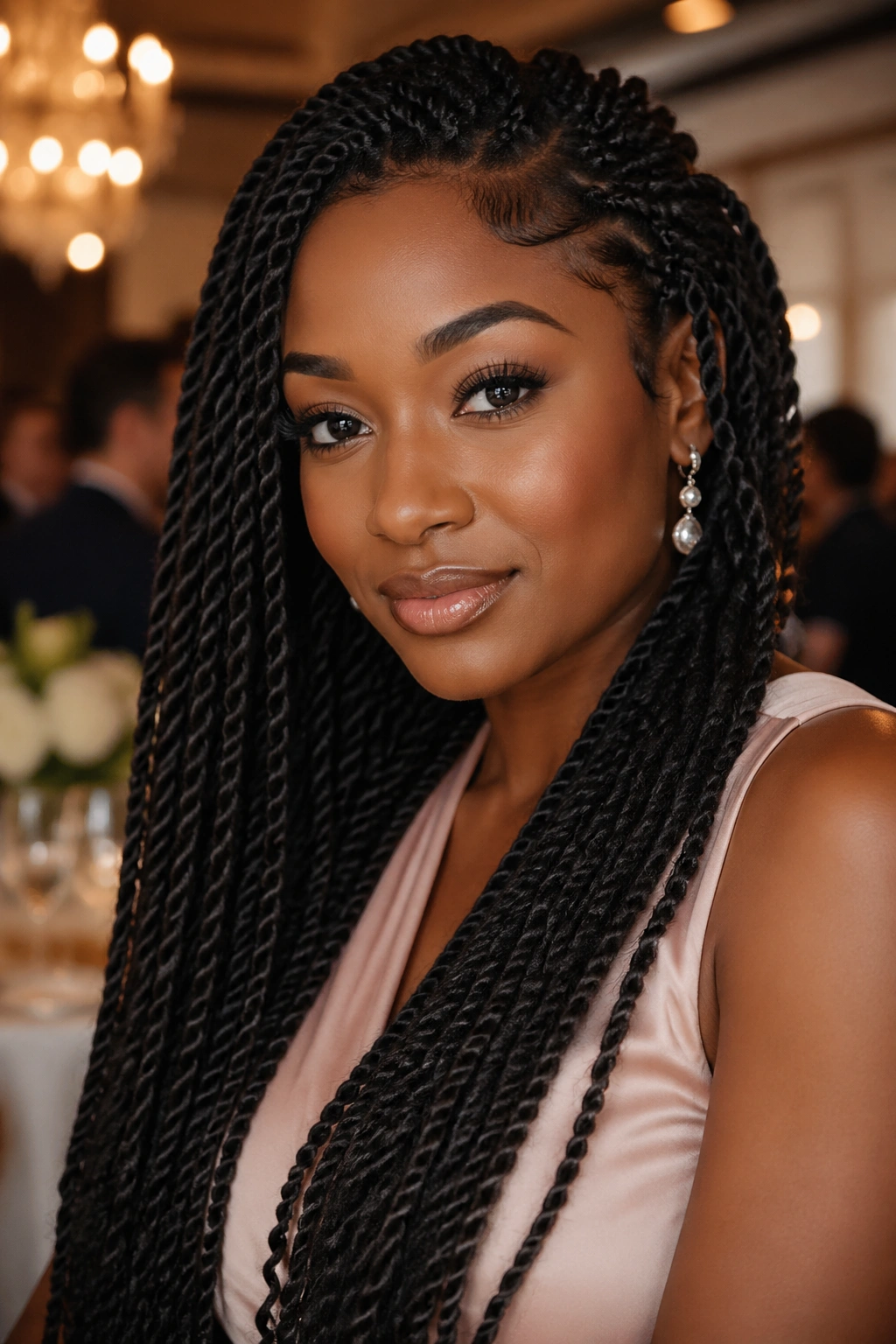 Close-up portrait of a real person wearing crochet Senegalese twists.