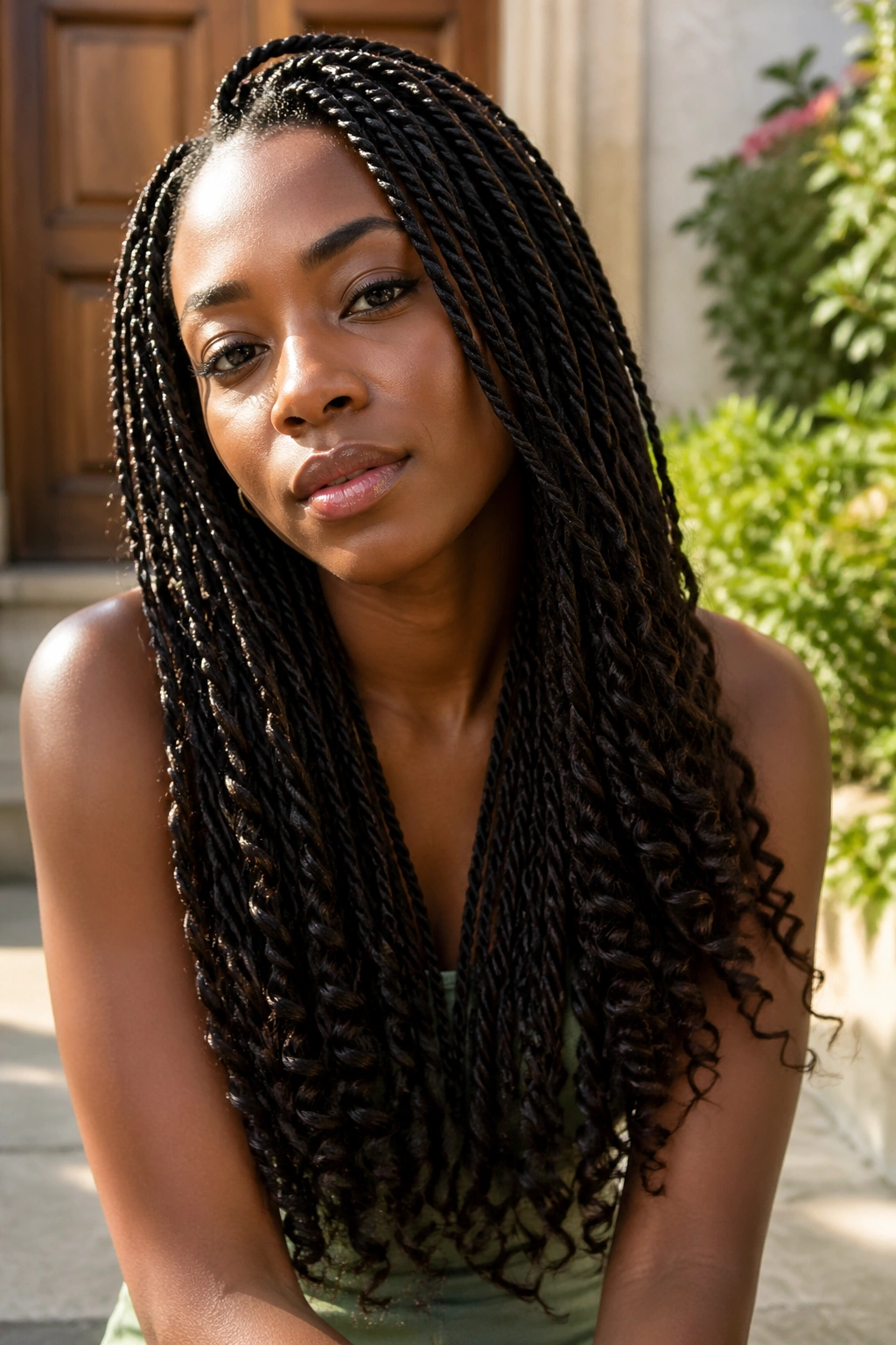 Real woman with Senegalese twists ending in curly boho ends outdoors