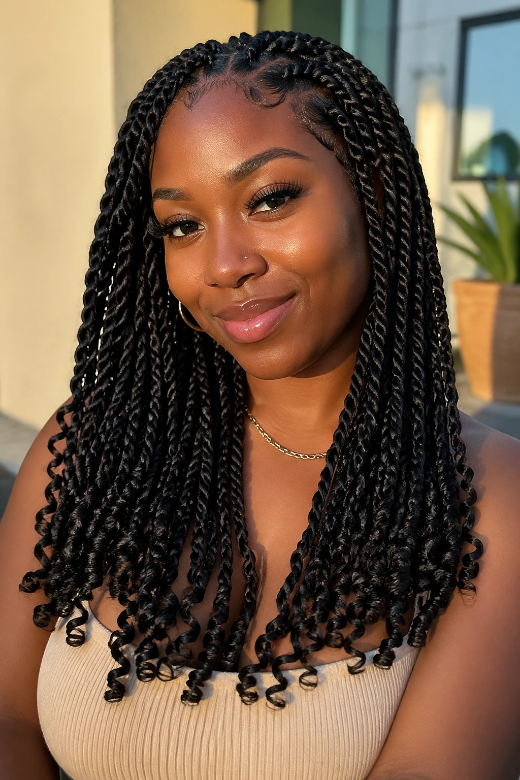 Real woman with Senegalese twists ending in curly ends in golden hour light.