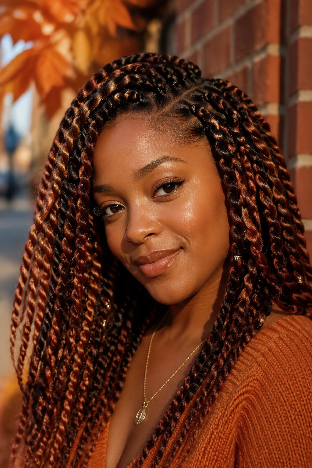Senegalese twists in warm fall tones on real person against autumn backdrop