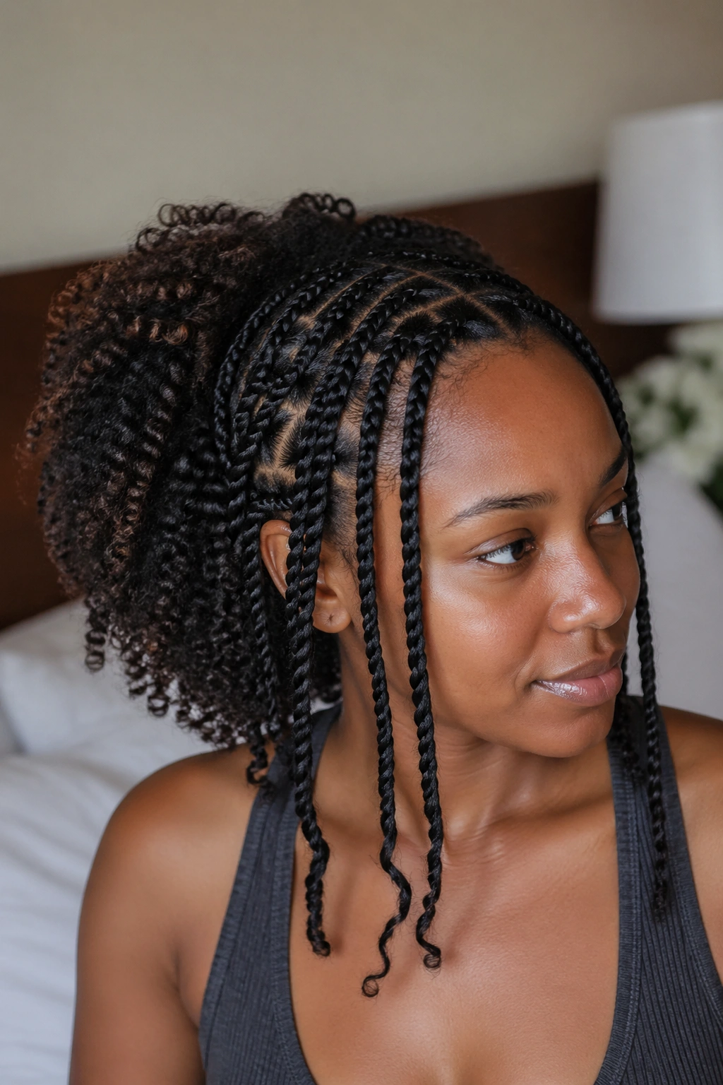 Close-up of front Senegalese twists with back natural curls on a real person.
