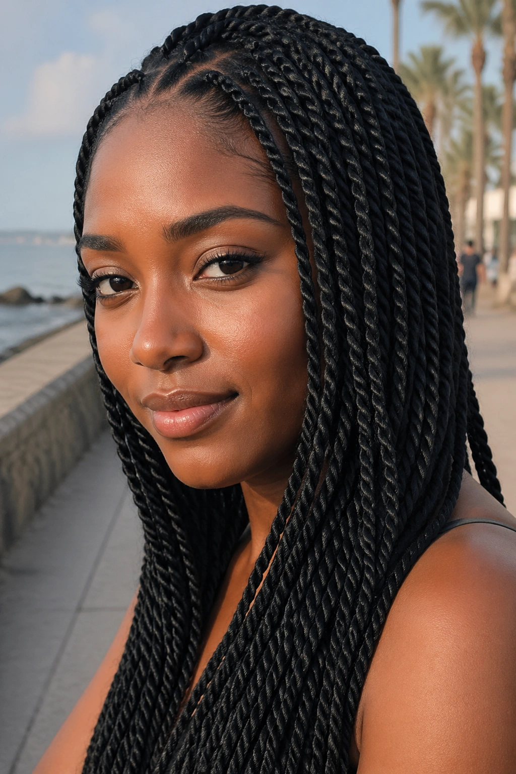 Close-up of a real person with Senegalese twists outdoors at golden hour