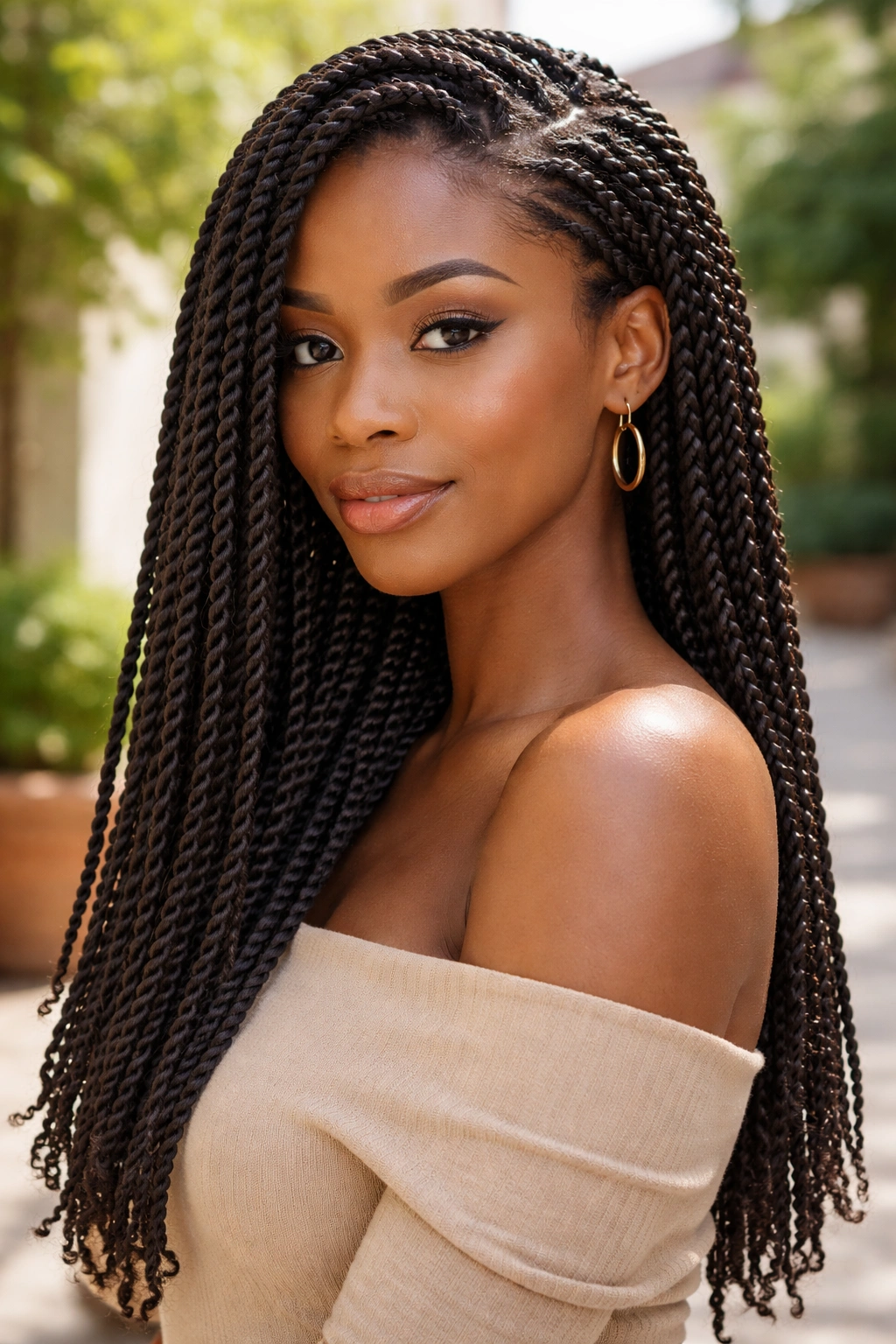 Close-up portrait of a woman with medium Senegalese twists outdoors in a sunlit courtyard.