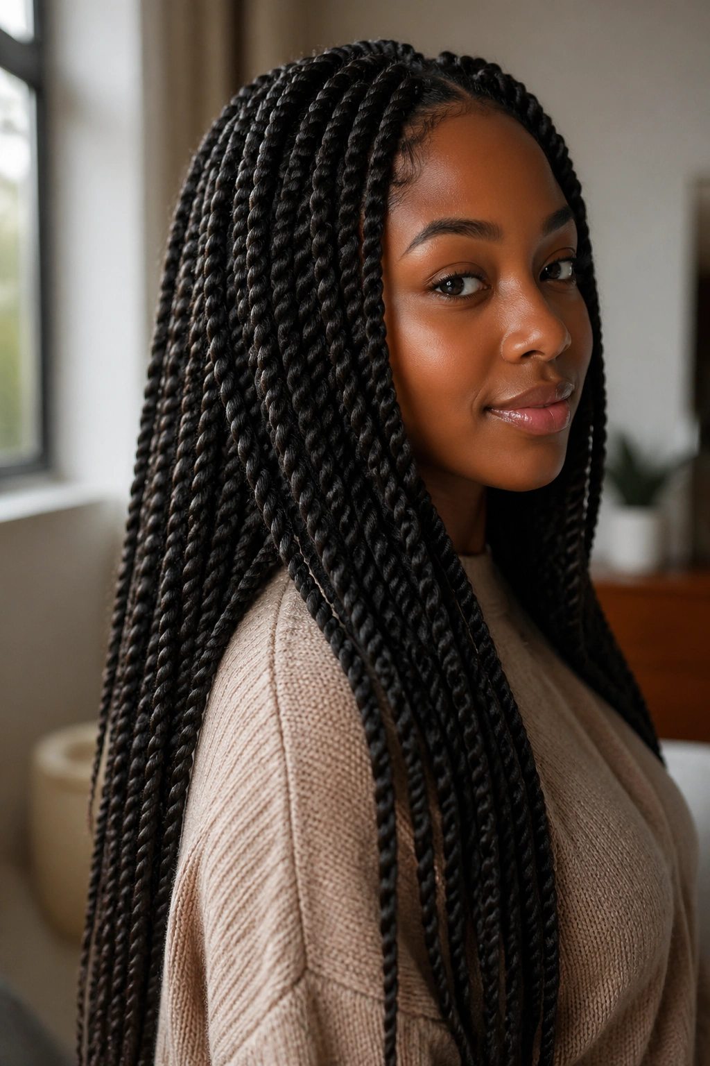 Portrait of a woman with waist-length Senegalese twists