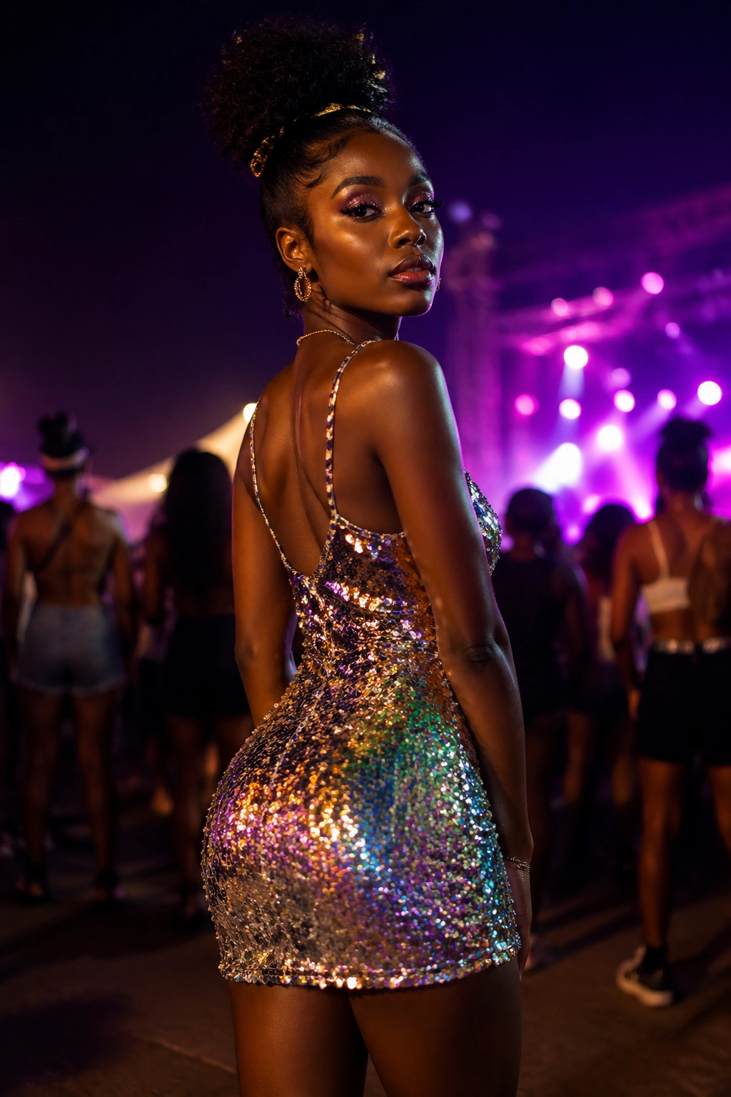 Real person in sequin mini dress under stage lights at a night festival