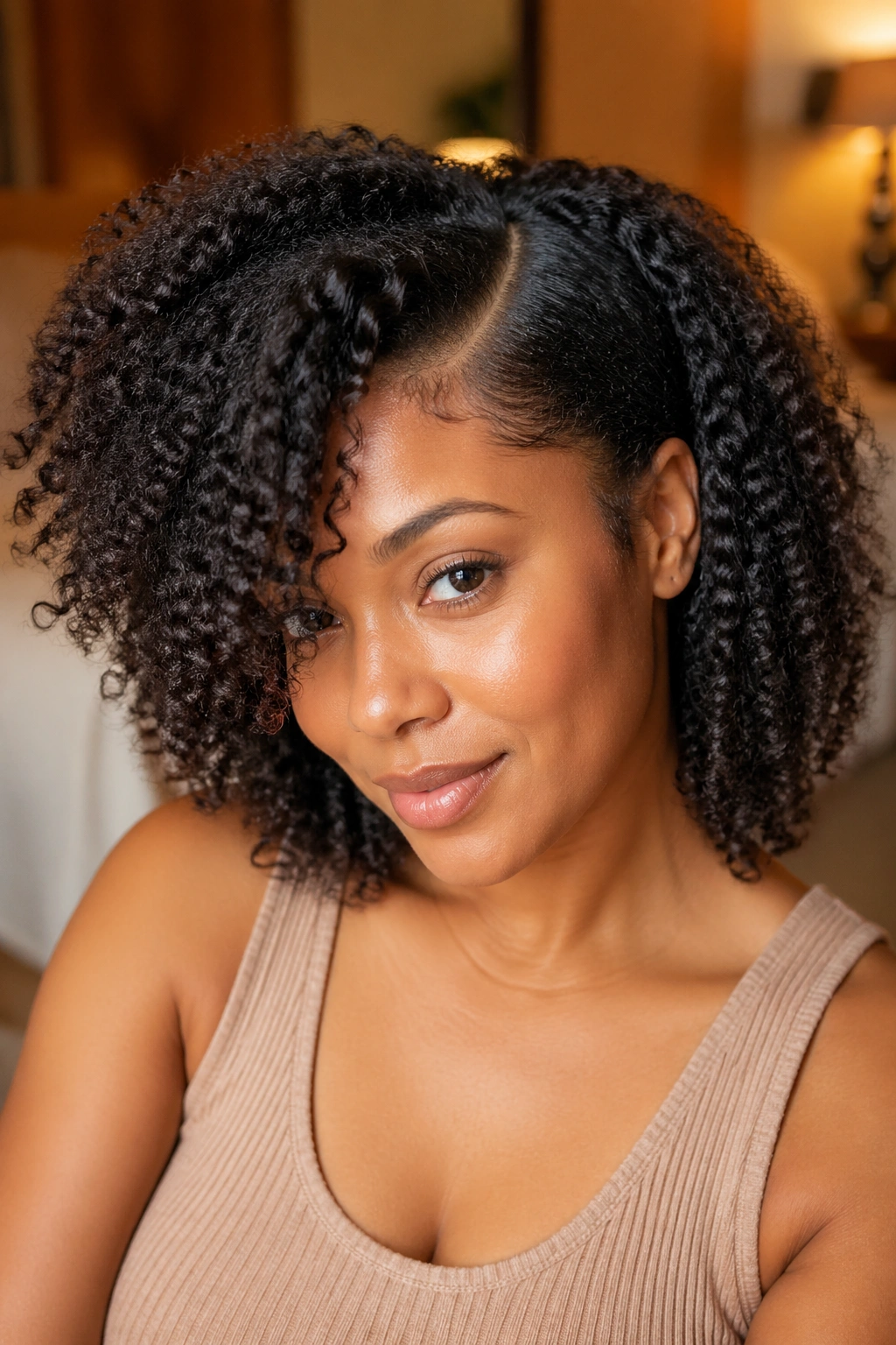 Close-up of a real woman with a set and natural-forming side part on curly hair