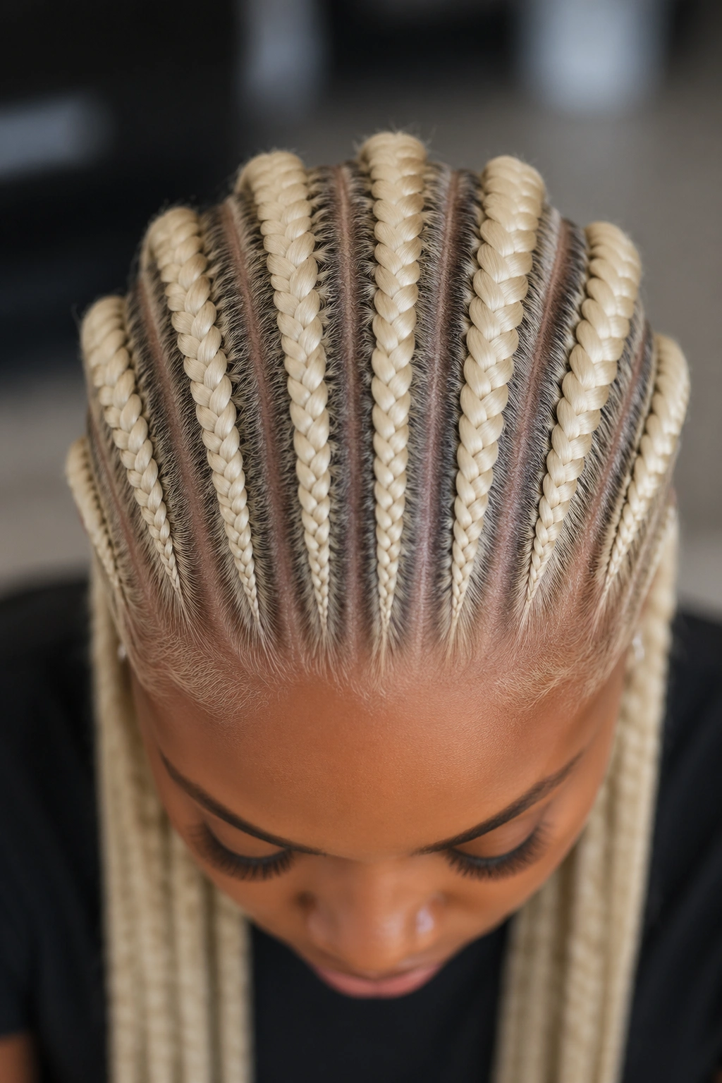 Top-down close-up of seven straight-back cornrows in 613 platinum blonde on a real person.