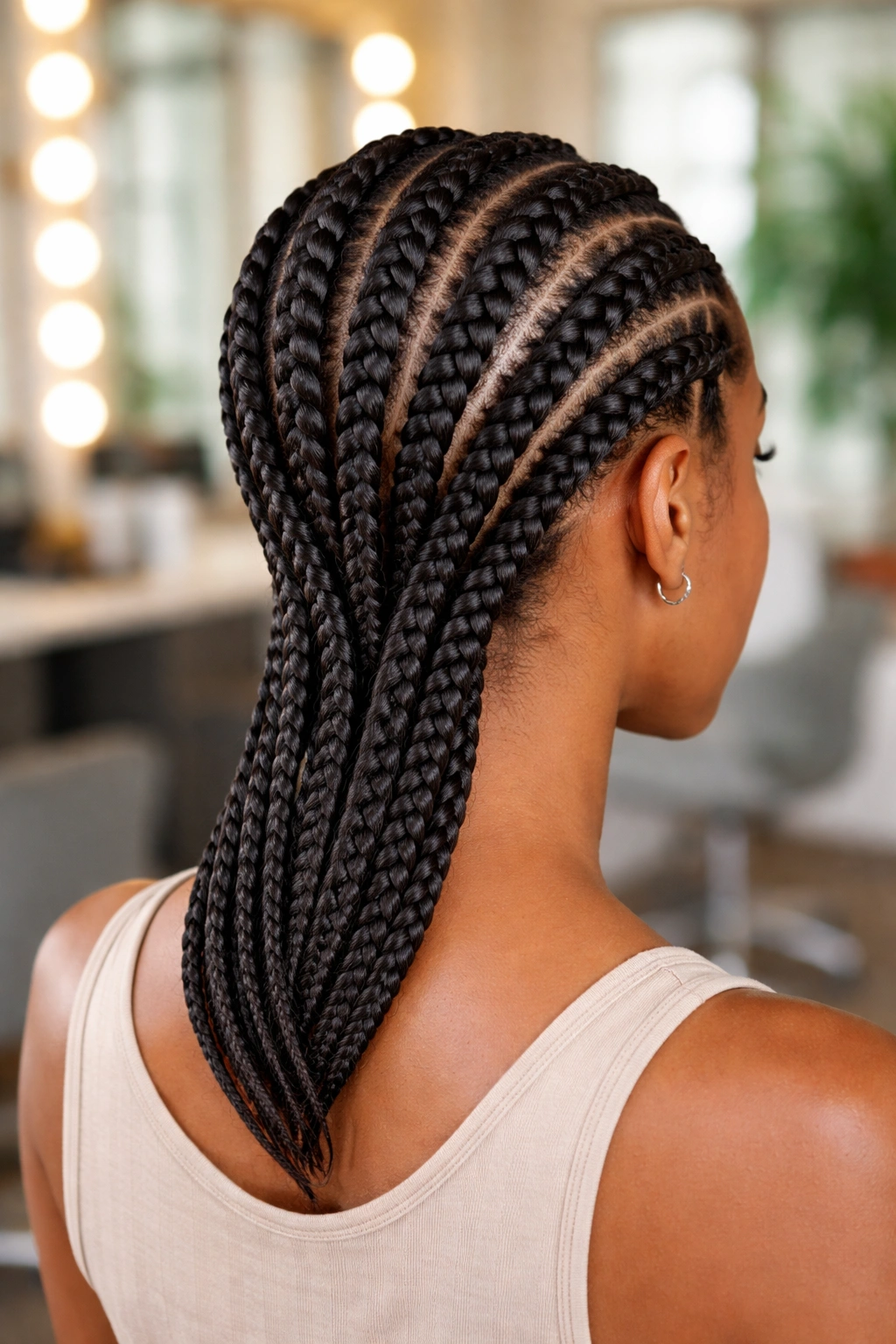 Close-up of seven cornrows with a curved center back forming a V at the nape