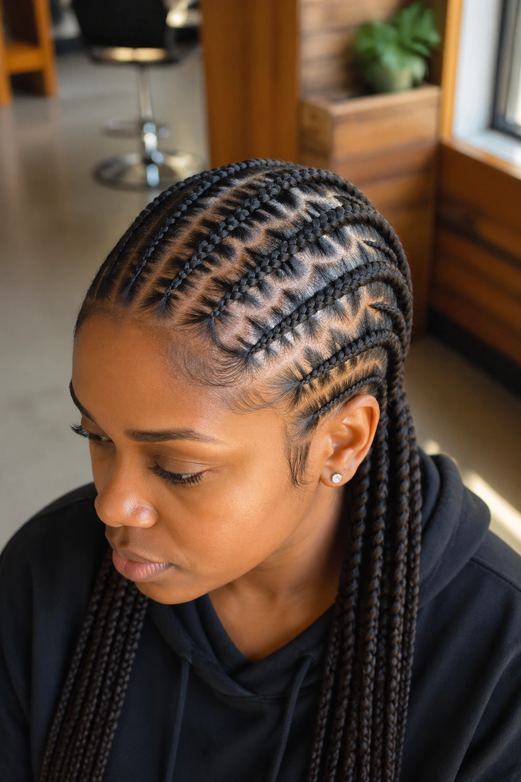 Close-up of seven-row tight zigzag cornrows on a real Black woman's head in a stylish salon.