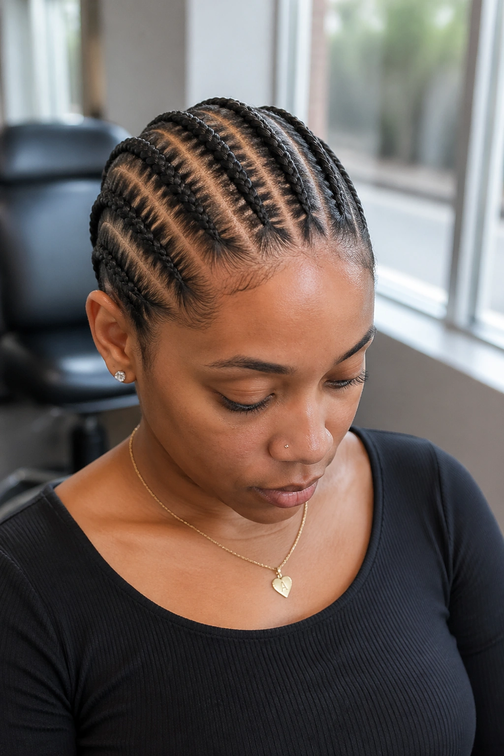 Close-up of a real woman with seven straight-back cornrows and clean parts