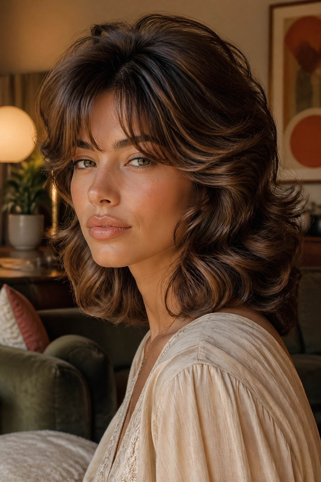Close-up of a real woman with seventies-crown shag hairstyle and voluminous crown.