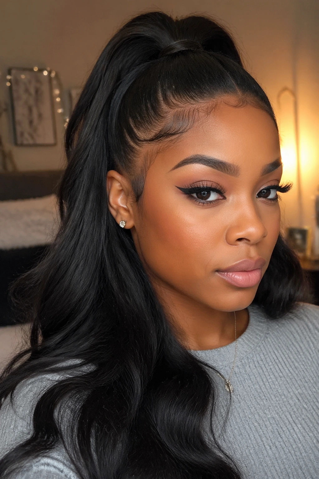 Close-up portrait of a real woman with sew-in half ponytail and seamless blend