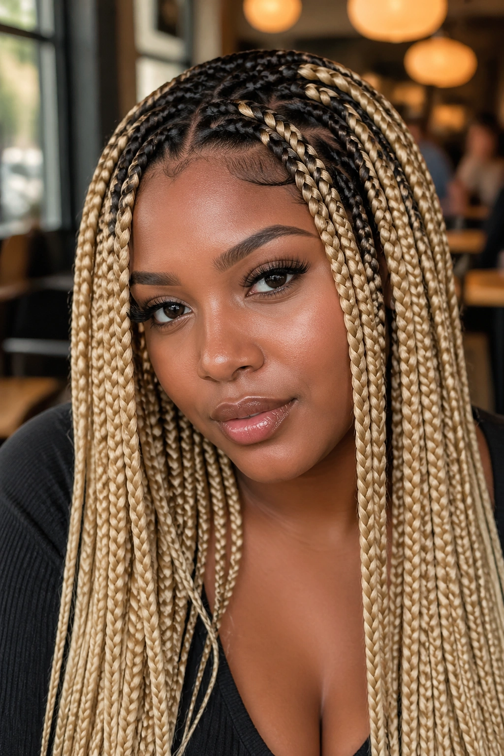 Close-up of a real woman with shadow-root blonde braids in warm cafe backdrop