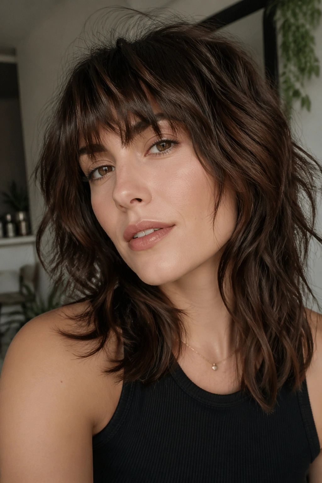Close-up of a real person with shag bangs and choppy ends in diffused daylight.