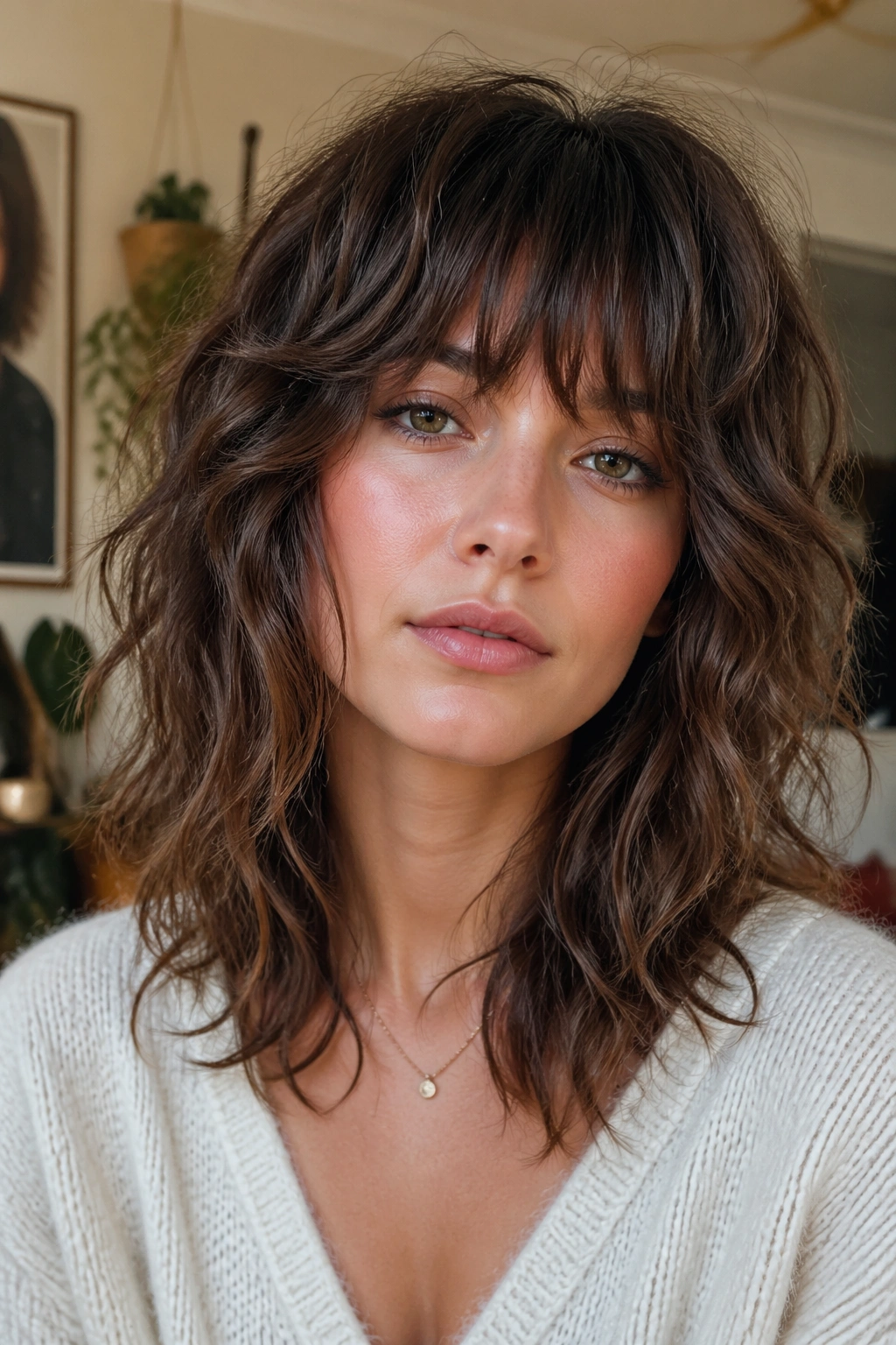 Close-up portrait of a real person with shag fringe and choppy layers