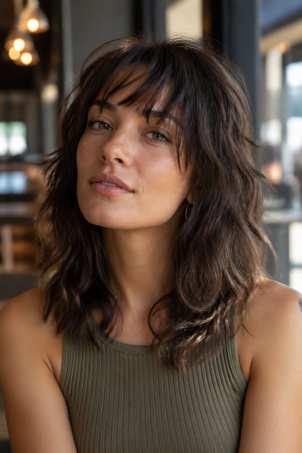Close-up of a real woman with a shag-leaning butterfly cut and broken fringe in a sunlit cafe.