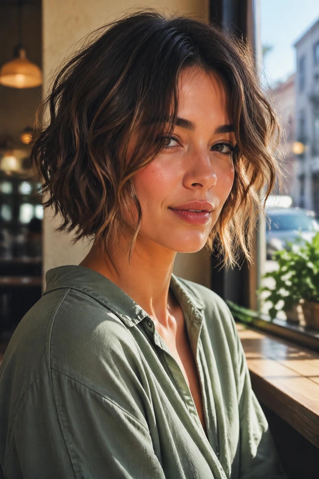 Real woman with a shaggy bob and cheekbone-framing pieces in warm cafe light.