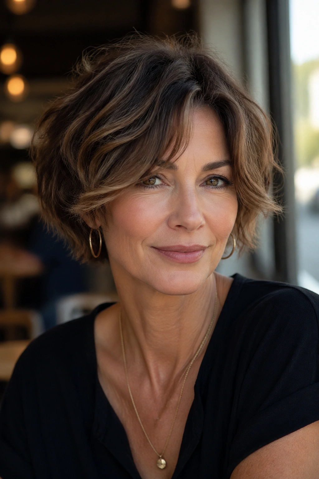 Close-up of a woman with shaggy crop and curtain bangs in natural light