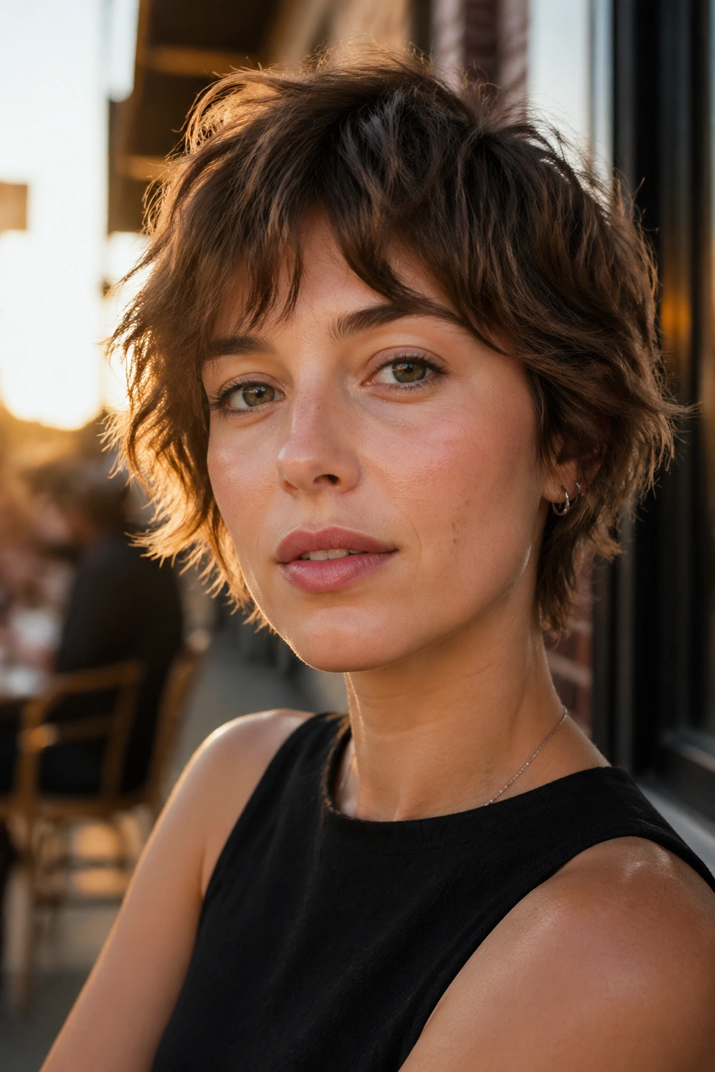 Close-up of a real person with shaggy crop in urban cafe lighting