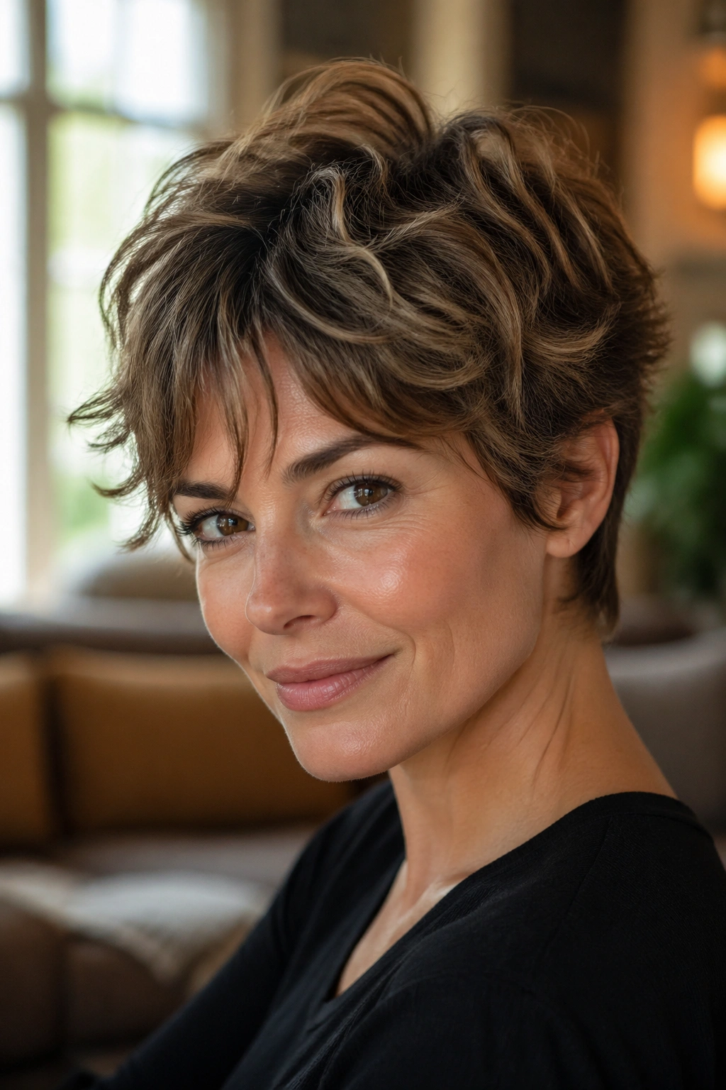 Close-up of a real woman with shaggy pixie crown layers and multi-directional waves