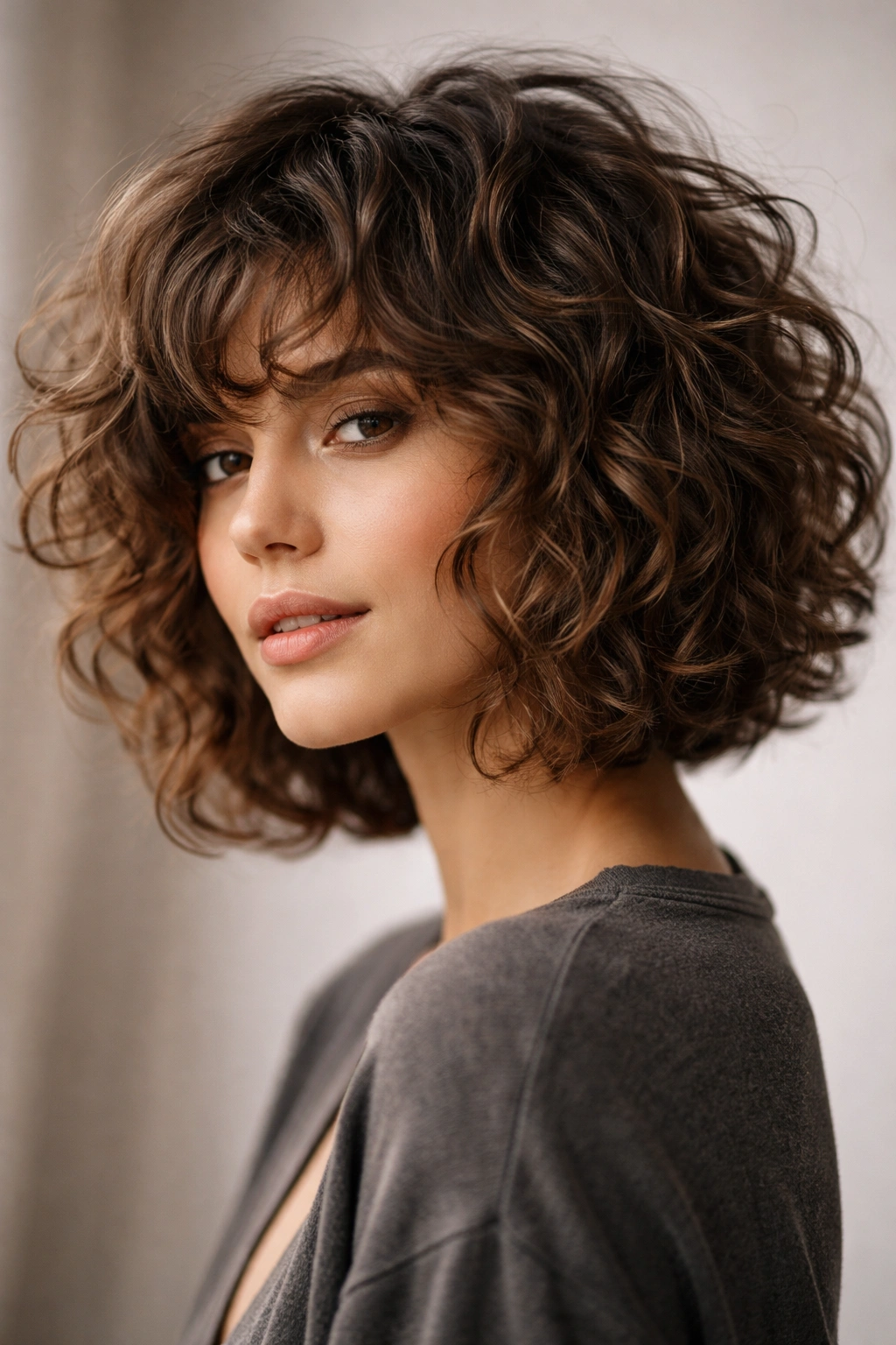 Shaggy curly bob with textured layers and soft outer silhouette