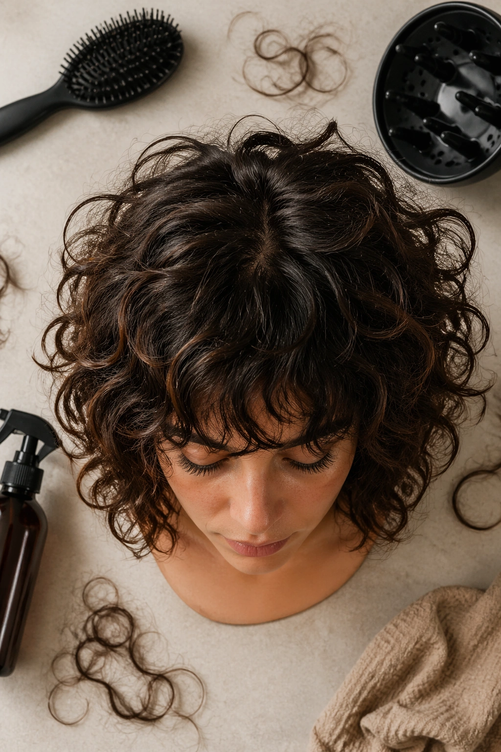 Flat-lay of shaggy curly lob styling setup and bust.