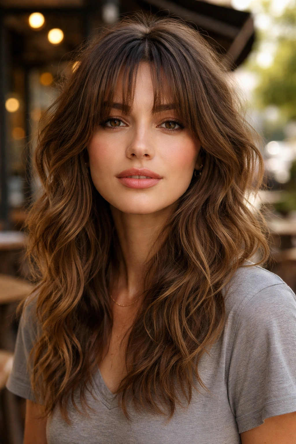 Portrait of a person with shaggy curtain bangs with broken ends.