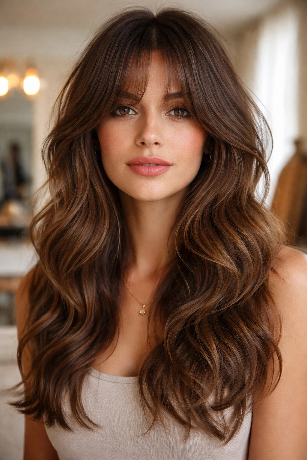Close-up of a woman with shaggy curtain bangs blending into layers