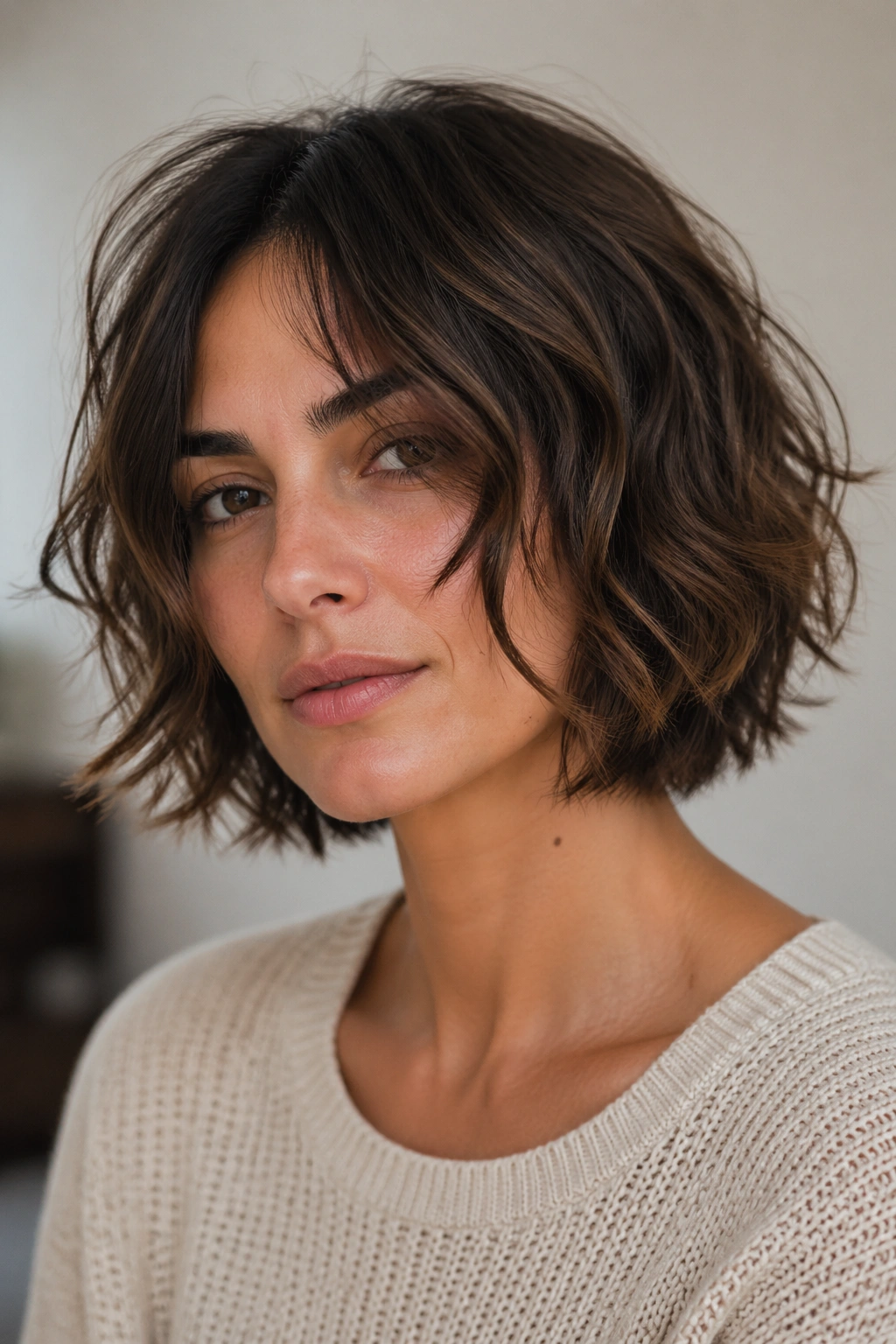 Real woman with shaggy layered bob and piecey ends in soft indoor light.