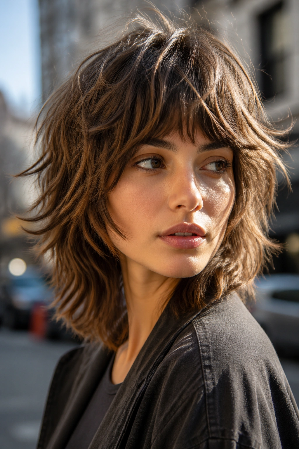 Close-up portrait of a real woman with a shaggy medium cut and choppy layers